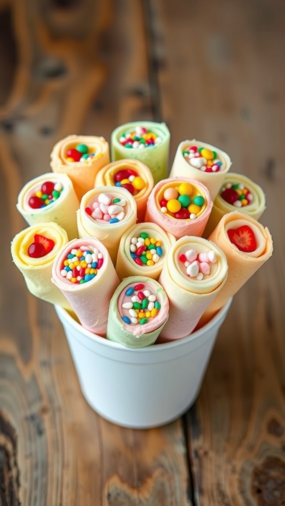 Homemade ice cream rolls in a cup, decorated with sprinkles and fruit, on a wooden table.